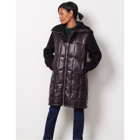 Varley Mayten Knit Puffer Jacket Black Mock Neck Zipper Ribbed Long Coat Medium - Picture 4 of 16